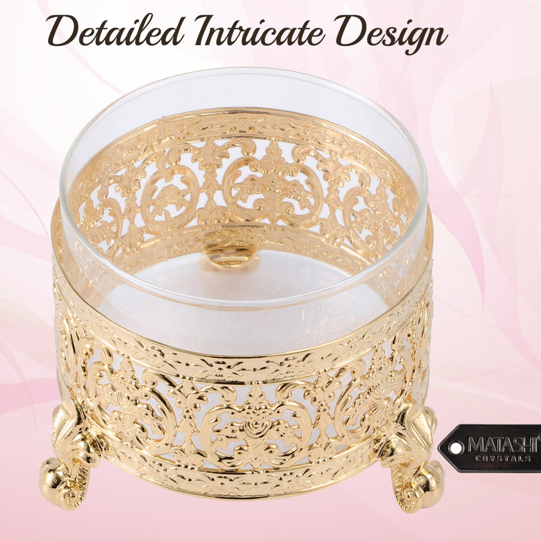 Matashi 24K Gold/SIlver Plated Sugar Bowl, Honey Dish, Glass Bowl - Detailed Intricate Design and Flower on Cover with Image 5