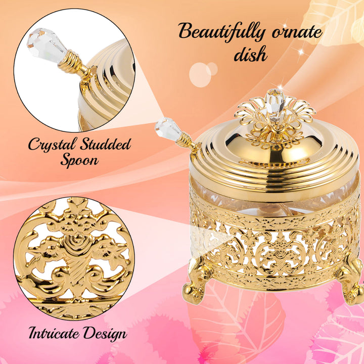 Matashi 24K Gold/SIlver Plated Sugar Bowl, Honey Dish, Glass Bowl - Detailed Intricate Design and Flower on Cover with Image 7