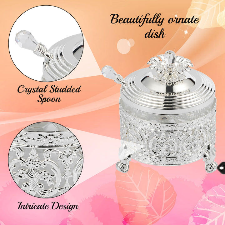 Matashi 24K Gold/SIlver Plated Sugar Bowl, Honey Dish, Glass Bowl - Detailed Intricate Design and Flower on Cover with Image 10