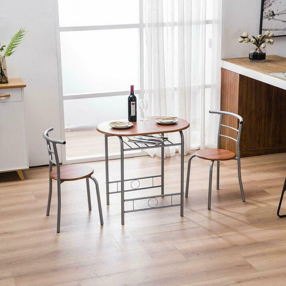 3 PCS Brown Bistro Dining Set Table and 2 Chairs Kitchen Furniture Home Image 1