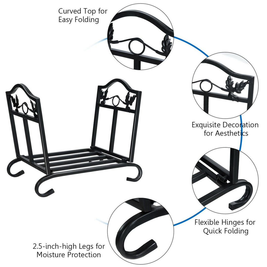 Foldable Firewood Log Rack Steel Wood Storage Holder for Fireplace Black Image 8