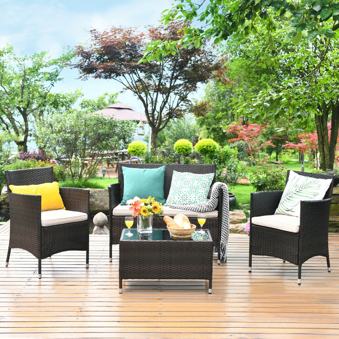 4PCS Rattan Patio Furniture Set Sofa Chair Coffee Table w/Cushion Outdoor Image 1