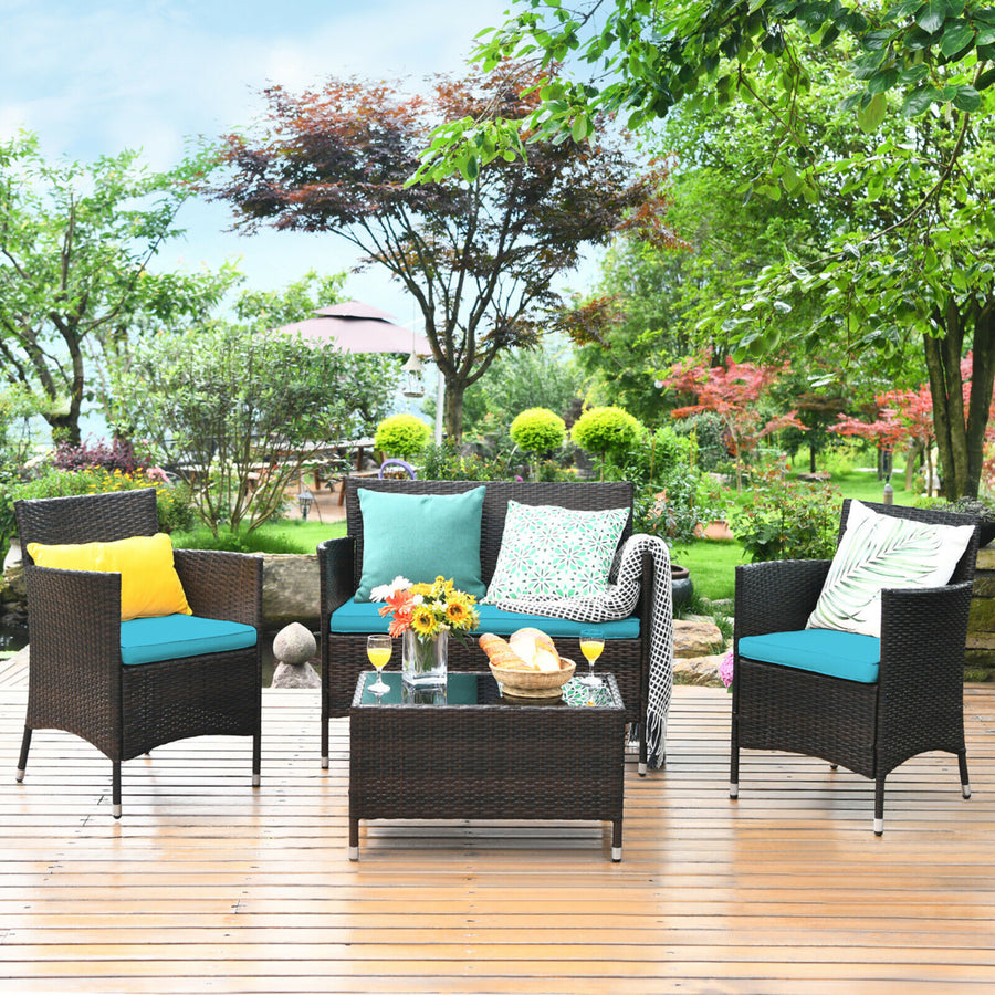 4PCS Outdoor Patio PE Rattan Wicker Table Shelf Sofa Furniture Set With Cushion Image 1