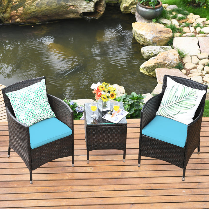 Gymax 3PCS Patio Outdoor Rattan Furniture Set w/ Coffee Table Cushioned Chairs Image 1