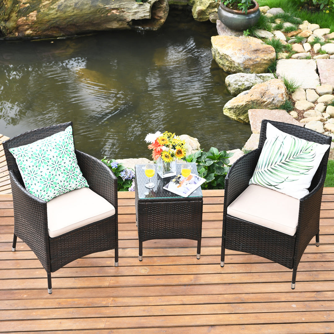 Gymax 3PCS Patio Outdoor Rattan Furniture Set Cushioned Chairs Coffee Table Image 1