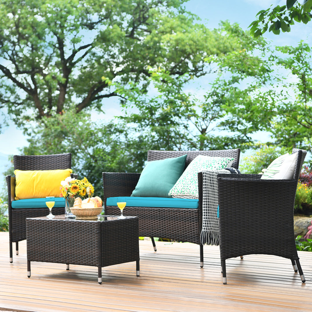 4PCS Patio Rattan Conversation Furniture Set Outdoor w/ Turquoise Cushion Image 1