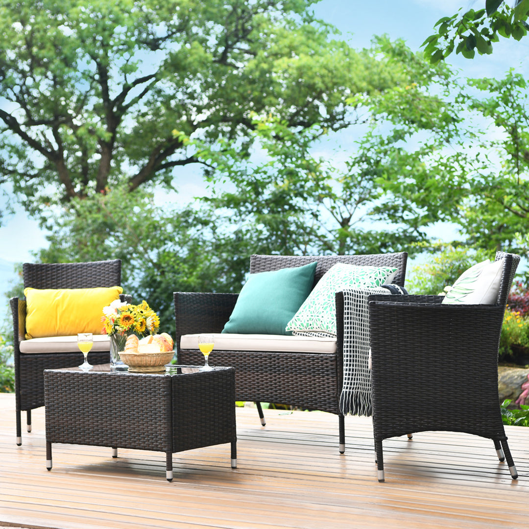 4 PCS Patio Garden Rattan Furniture Set Coffee Table Cushioned Sofa Brown Image 3