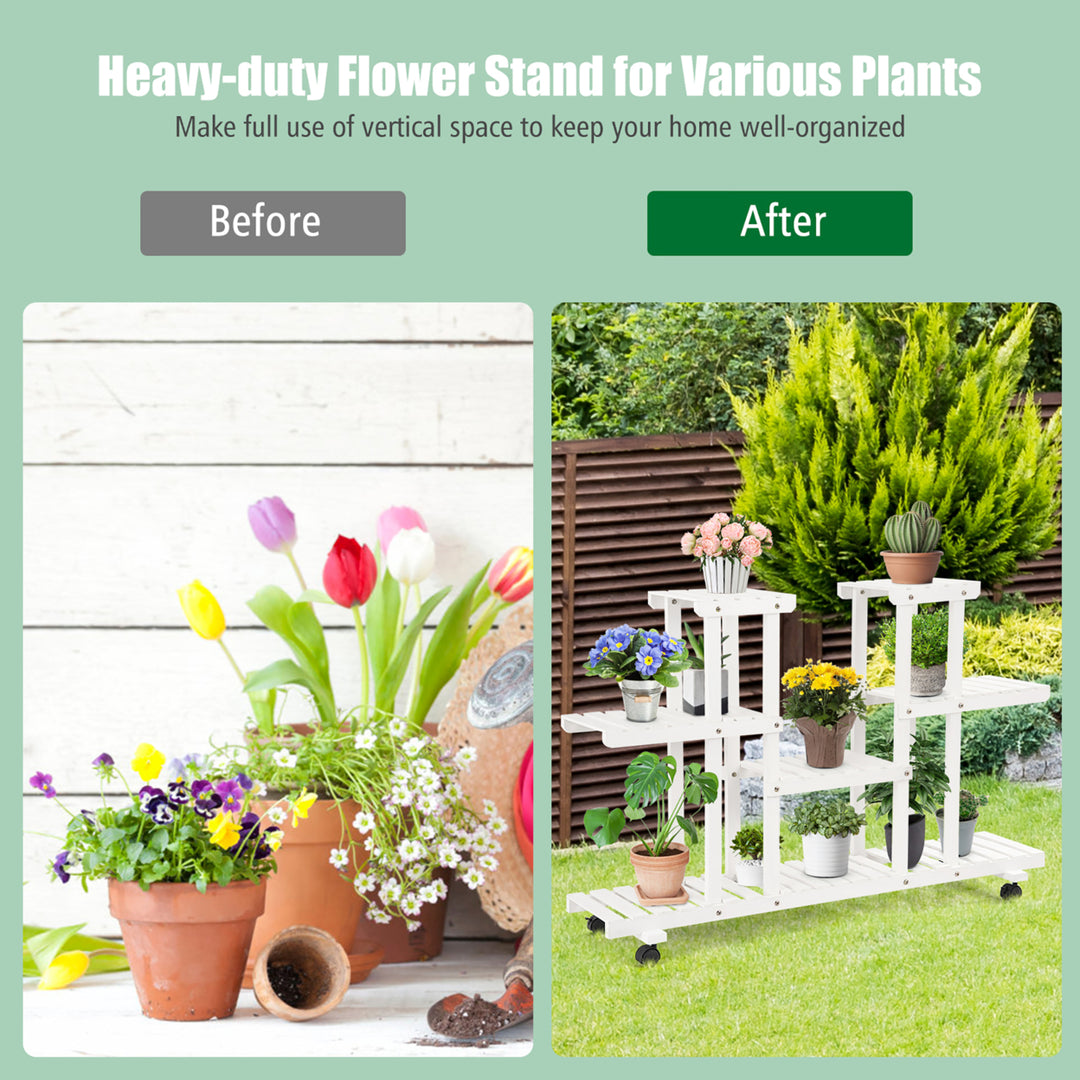 4-Tier Rolling Flower Rack Wood Plant Stand Casters 12 Pots Bonsai Display Shelf Image 6