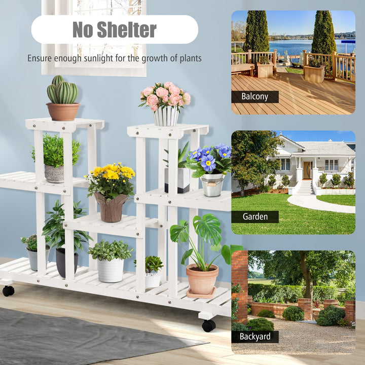 4-Tier Rolling Flower Rack Wood Plant Stand Casters 12 Pots Bonsai Display Shelf Image 7