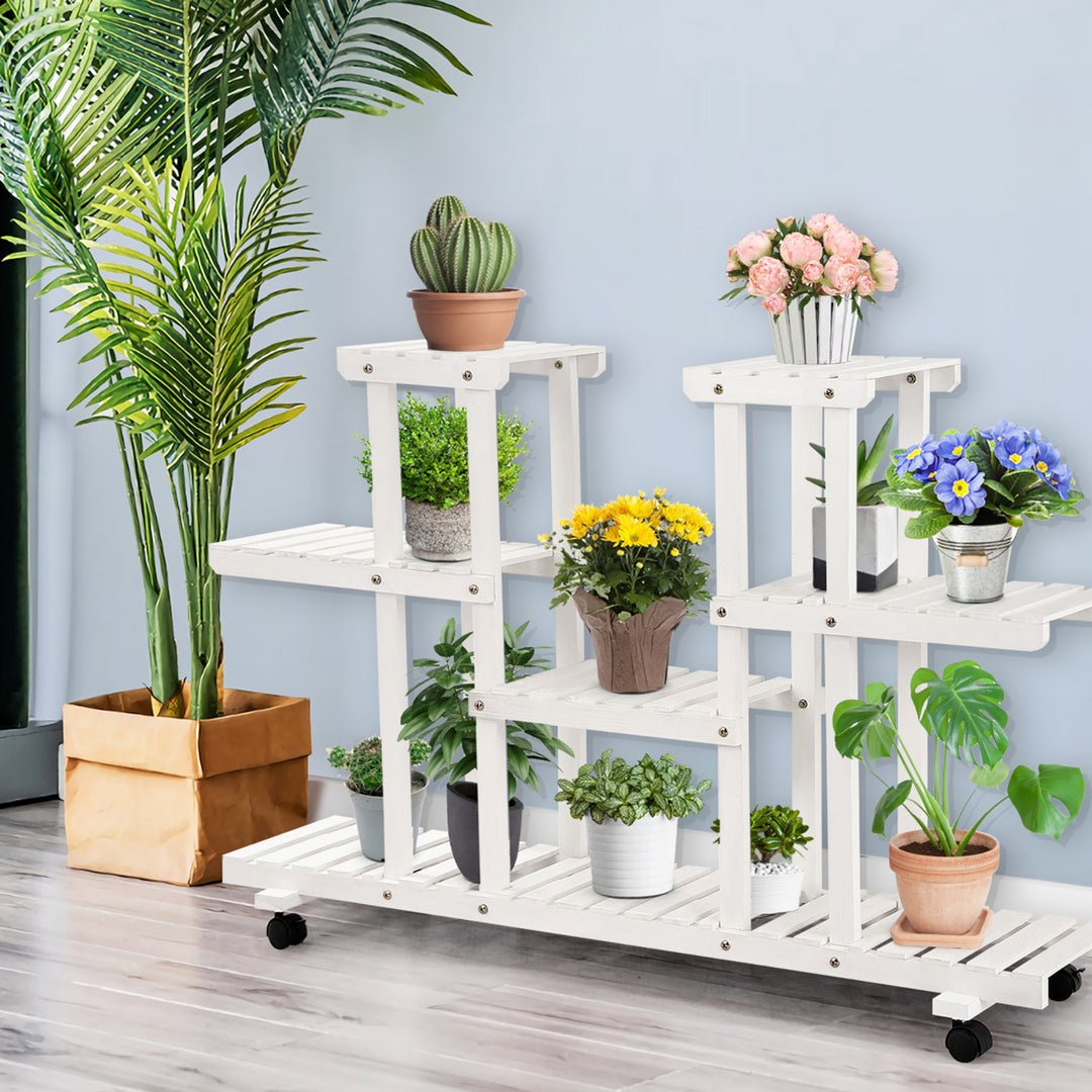 4-Tier Rolling Flower Rack Wood Plant Stand Casters 12 Pots Bonsai Display Shelf Image 8