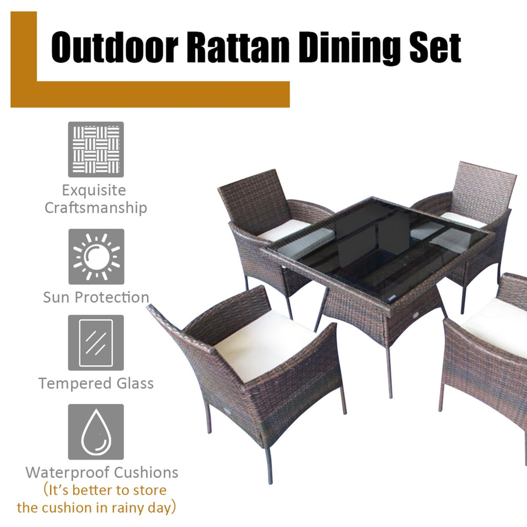 5PCS Rattan Patio Dining Table Set Outdoor Furniture Set w/ 4 Seat Cushions Image 3