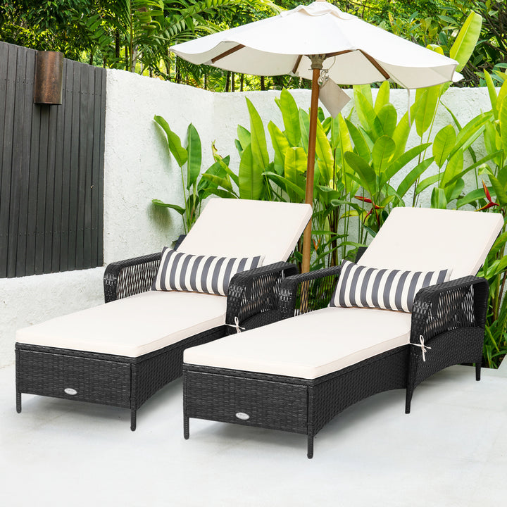 Set of 2 Adjustable Patio Rattan Lounge Chair Chaise Recliner w/ Cushion and Pillow Image 1