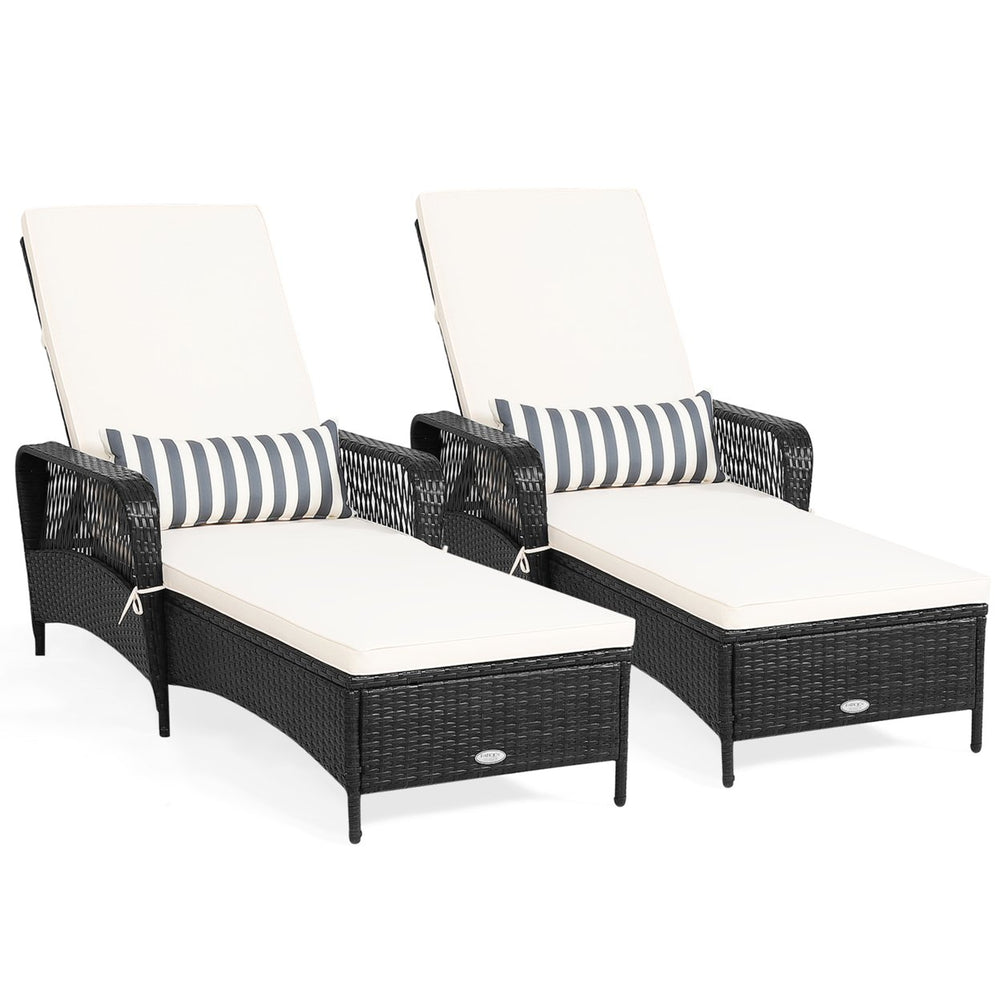 Set of 2 Adjustable Patio Rattan Lounge Chair Chaise Recliner w/ Cushion and Pillow Image 2