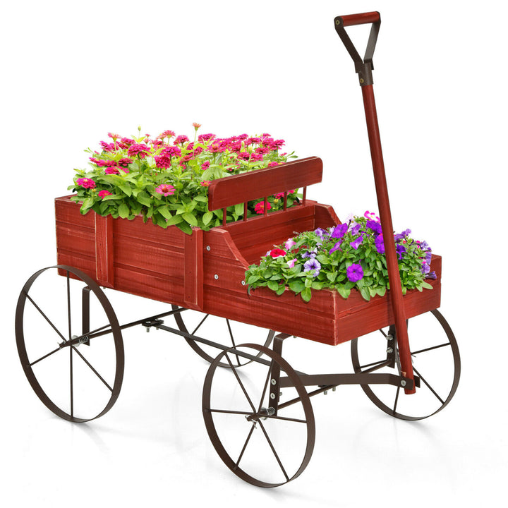 Garden Plant Planter Wooden Wagon Planter W/ Wheel Garden Yard Image 1