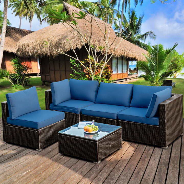 5PCS Rattan Patio Conversation Set Sofa Furniture Set w/ Navy Cushions Image 1