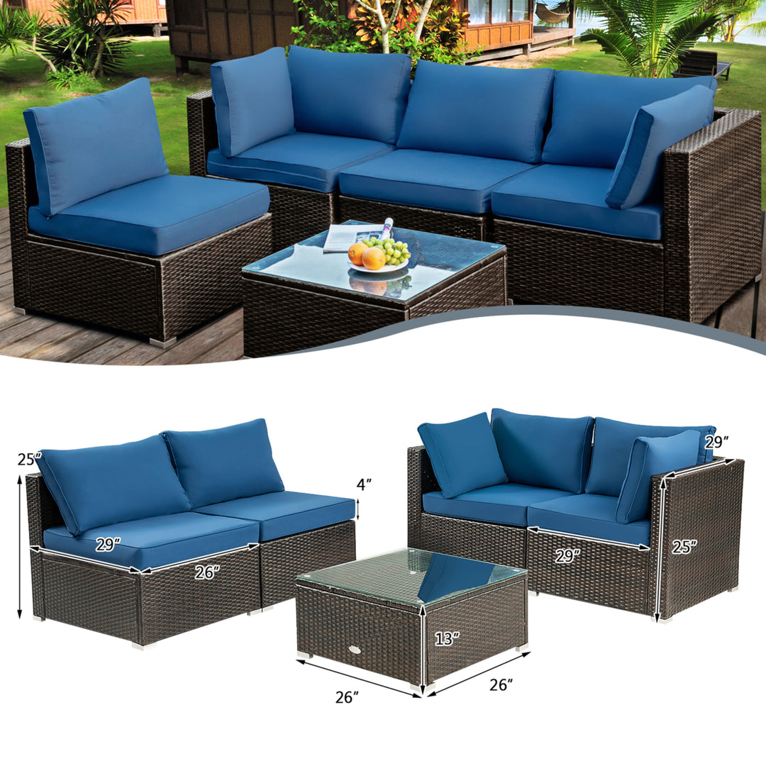 5PCS Rattan Patio Conversation Set Sofa Furniture Set w/ Navy Cushions Image 9