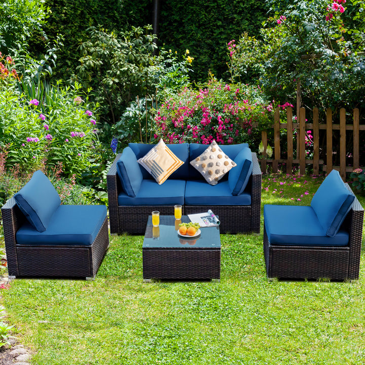 5PCS Rattan Patio Conversation Set Sofa Furniture Set w/ Navy Cushions Image 3