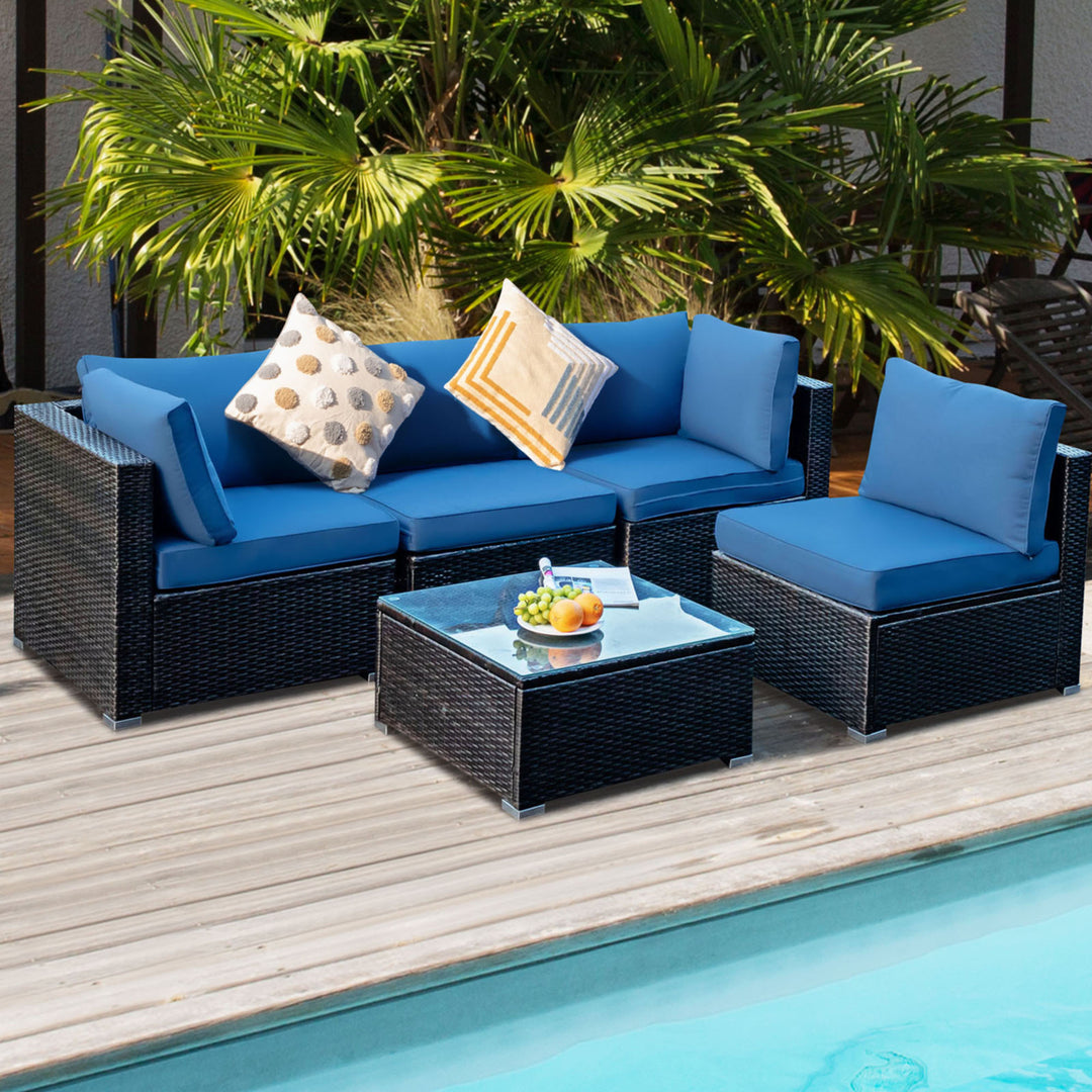 5PCS Rattan Patio Conversation Set Sofa Furniture Set w/ Navy Cushions Image 4