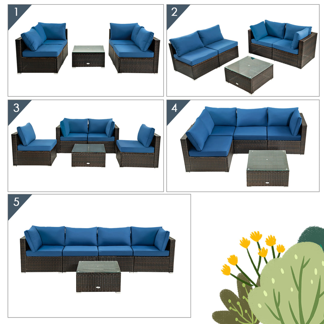 5PCS Rattan Patio Conversation Set Sofa Furniture Set w/ Navy Cushions Image 7