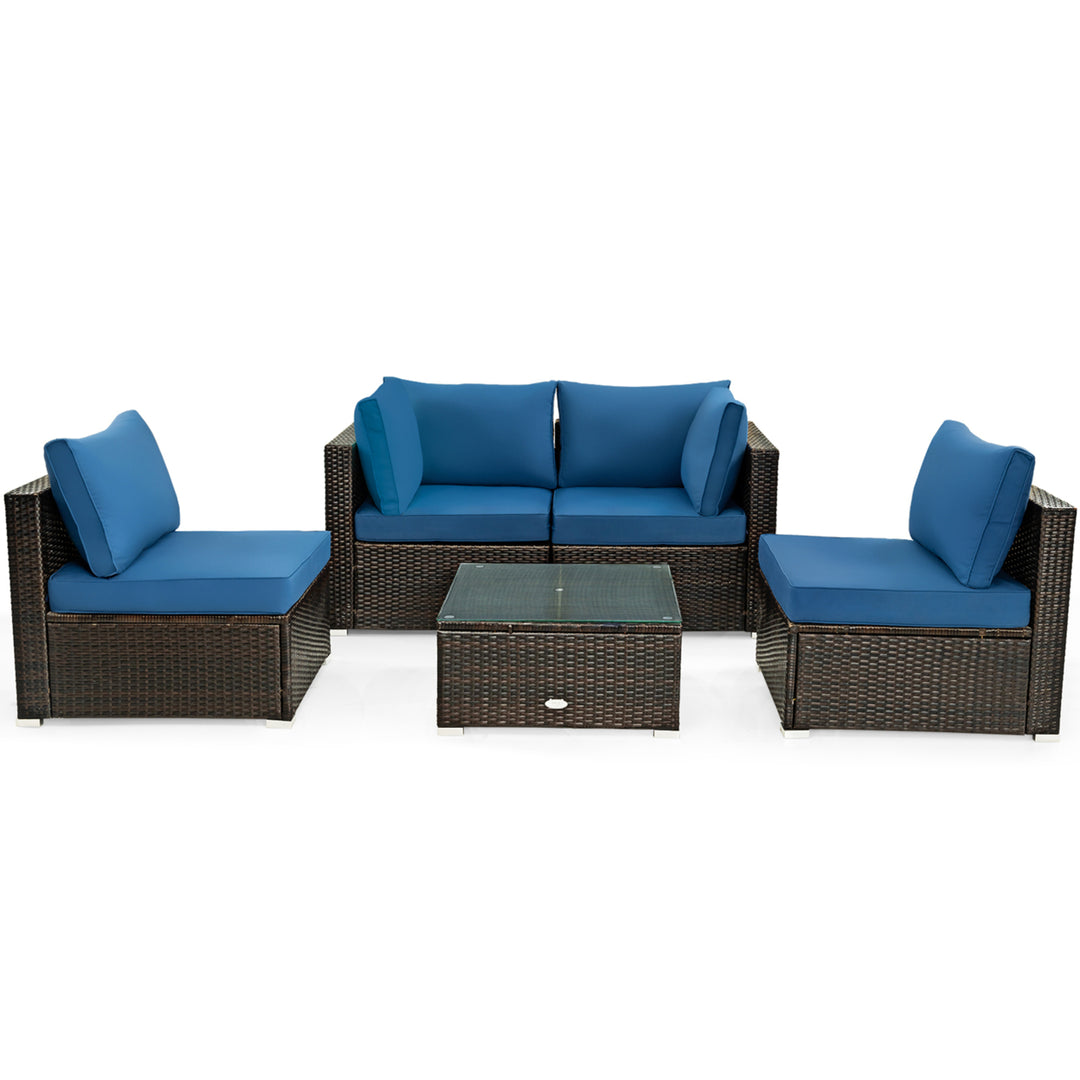 5PCS Rattan Patio Conversation Set Sofa Furniture Set w/ Navy Cushions Image 2