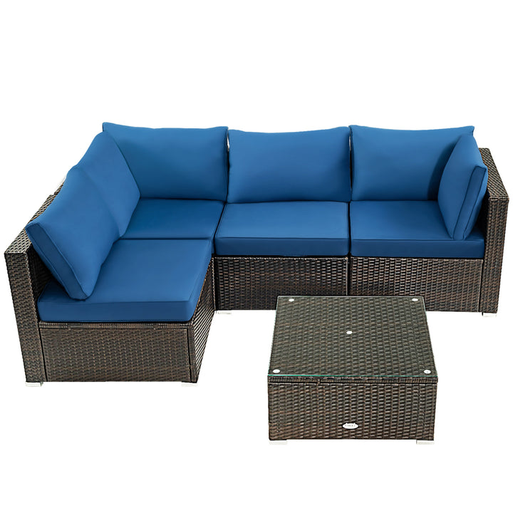 5PCS Rattan Patio Conversation Set Sofa Furniture Set w/ Navy Cushions Image 10