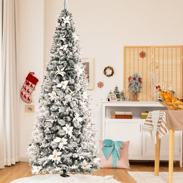 5/6/7/8 FT Artificial Snow Flocked Pencil Christmas Tree w/ White Berries and Flowers Image 4