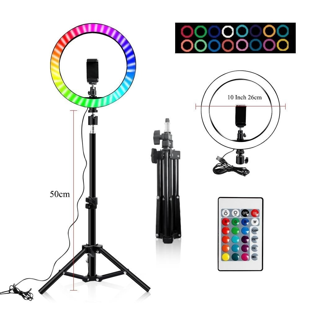 10" RGB Ring Lamp with Tripod Stand and Wireless Remote, 16 Light LED Colors Image 2