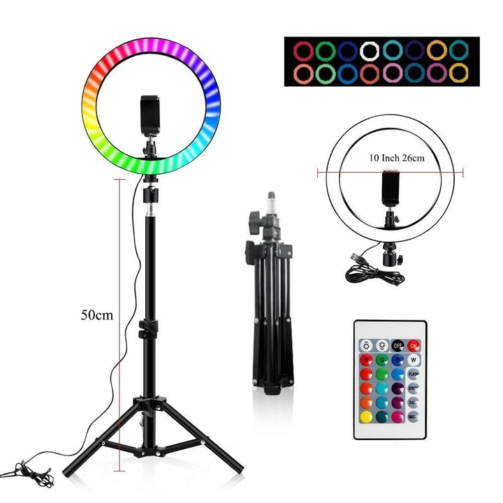 10" RGB Ring Lamp with Tripod Stand and Wireless Remote, 16 Light LED Colors Image 1