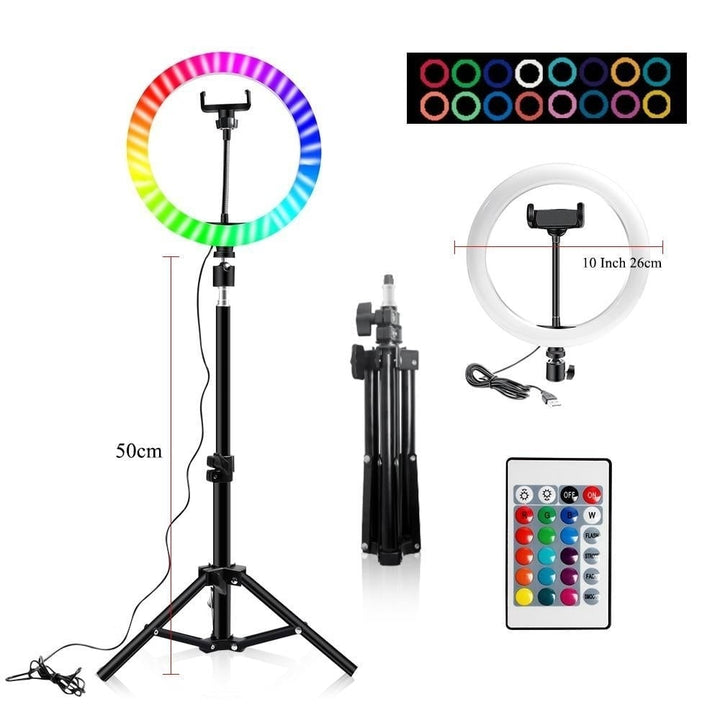 10" RGB Ring Lamp with Tripod Stand and Wireless Remote, 16 Light LED Colors Image 1