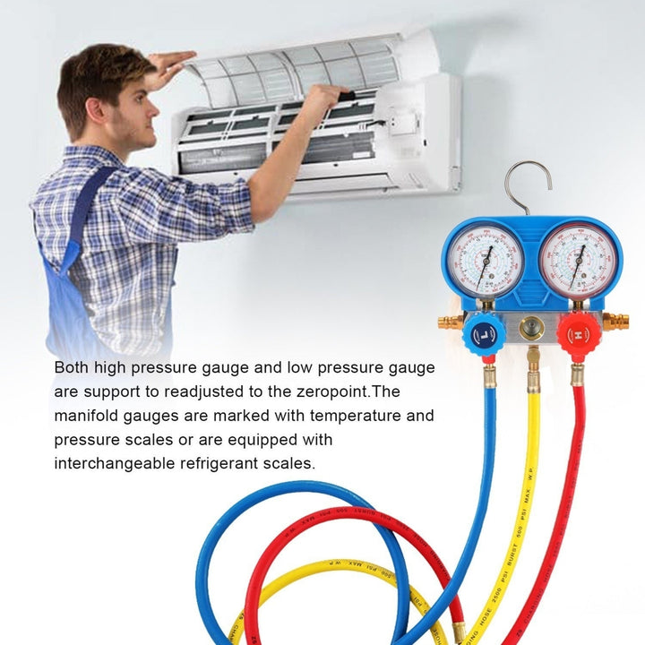 Dual Gauges Set Refrigeration Equipment Pressure Measuring Tool Kit with 3 Recharge Hoses Image 10