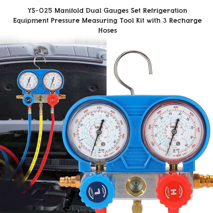 Dual Gauges Set Refrigeration Equipment Pressure Measuring Tool Kit with 3 Recharge Hoses Image 12