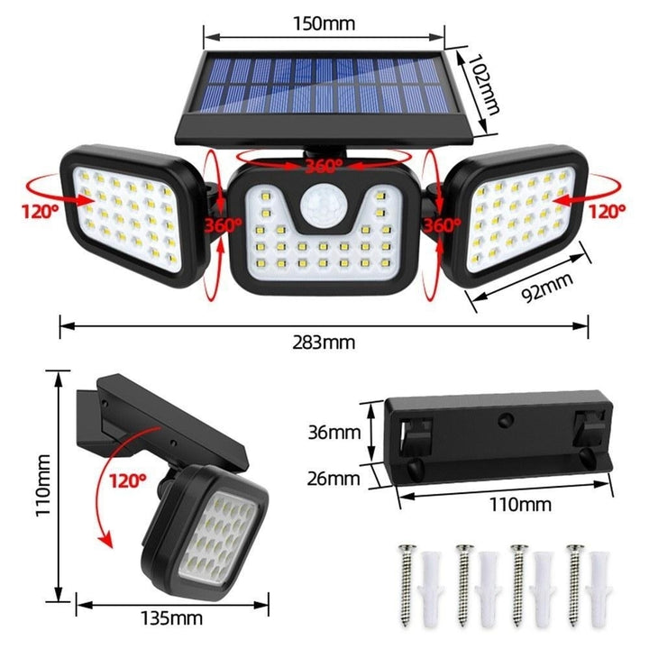 Solar 3 Heads Rotatable Slit Garden Lamp Motion Sensor Wall Mounted Waterproof Night Light 74 LED Image 4