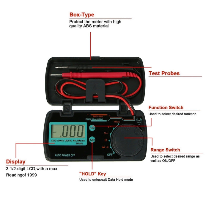 EM3082 Mini Digital Multimeter AC DC Volt AMP OHM LCD Voltmeter Auto Power Off Data Image 8