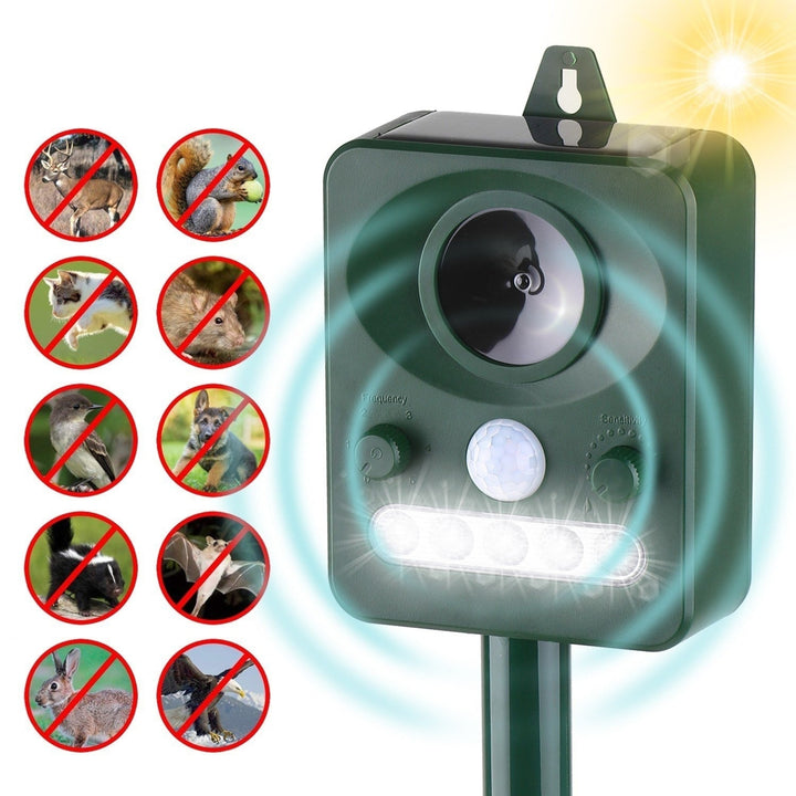 Solar Ultrasonic Pest Repeller Outdoor Animal with Sound Motion Sensor and Flashing Light Image 1