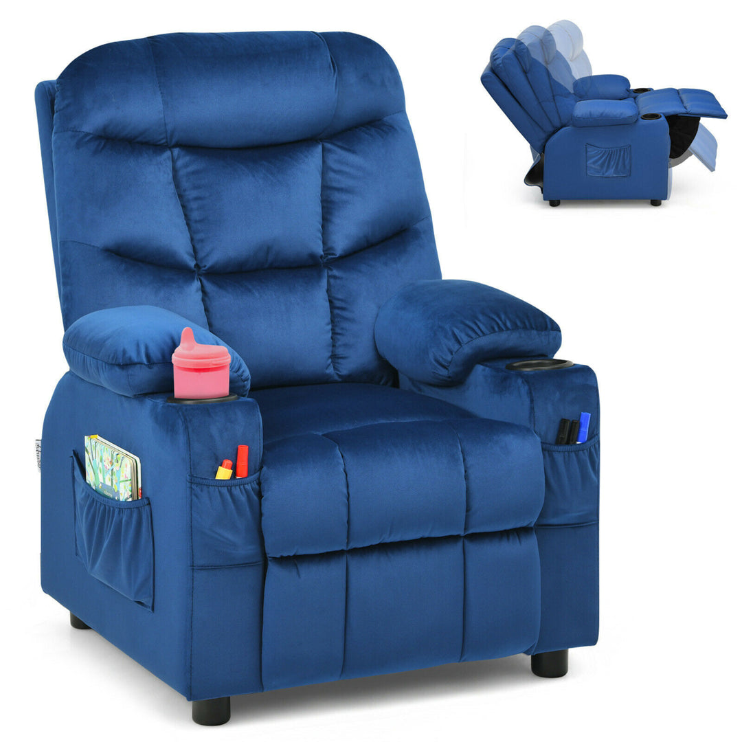 Kids Youth Recliner Chair Velvet Fabric w/Cup Holder and Side Pocket Blue/Pink Image 1