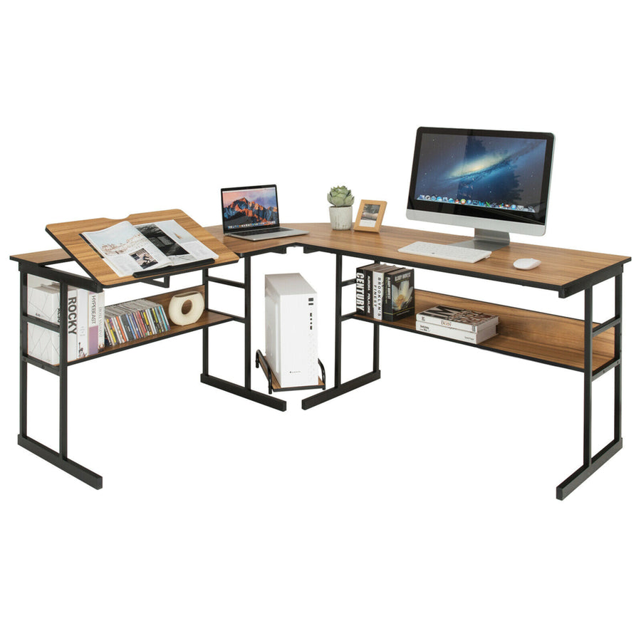 L-Shaped Computer Desk Drafting Table Workstation w/ Tiltable Tabletop Image 1