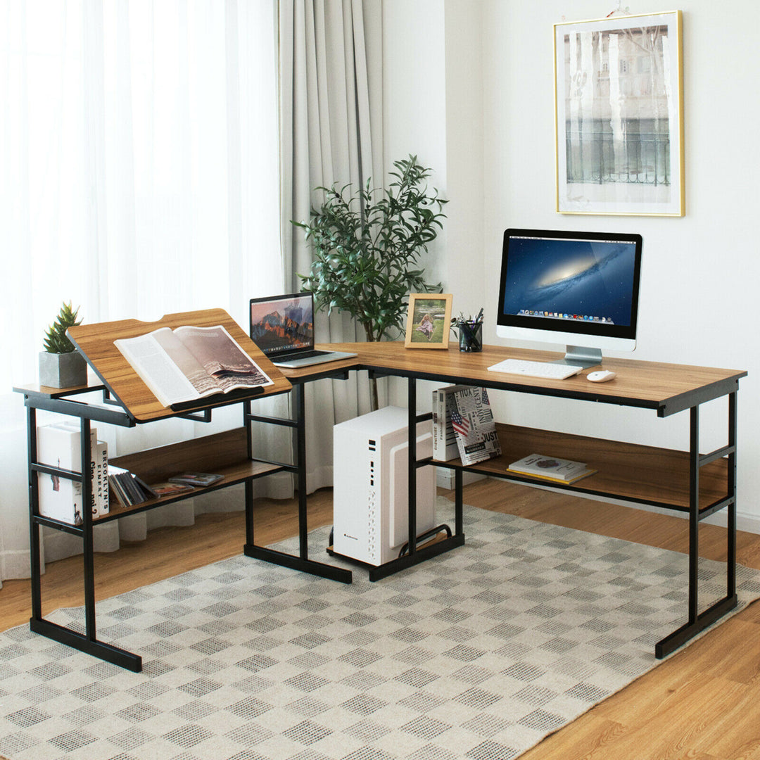 L-Shaped Computer Desk Drafting Table Workstation w/ Tiltable Tabletop Image 3