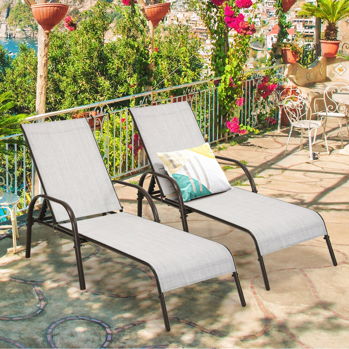 2PCS Patio Lounge Chair Chaise Adjustable Reclining Armrest Gray Image 1