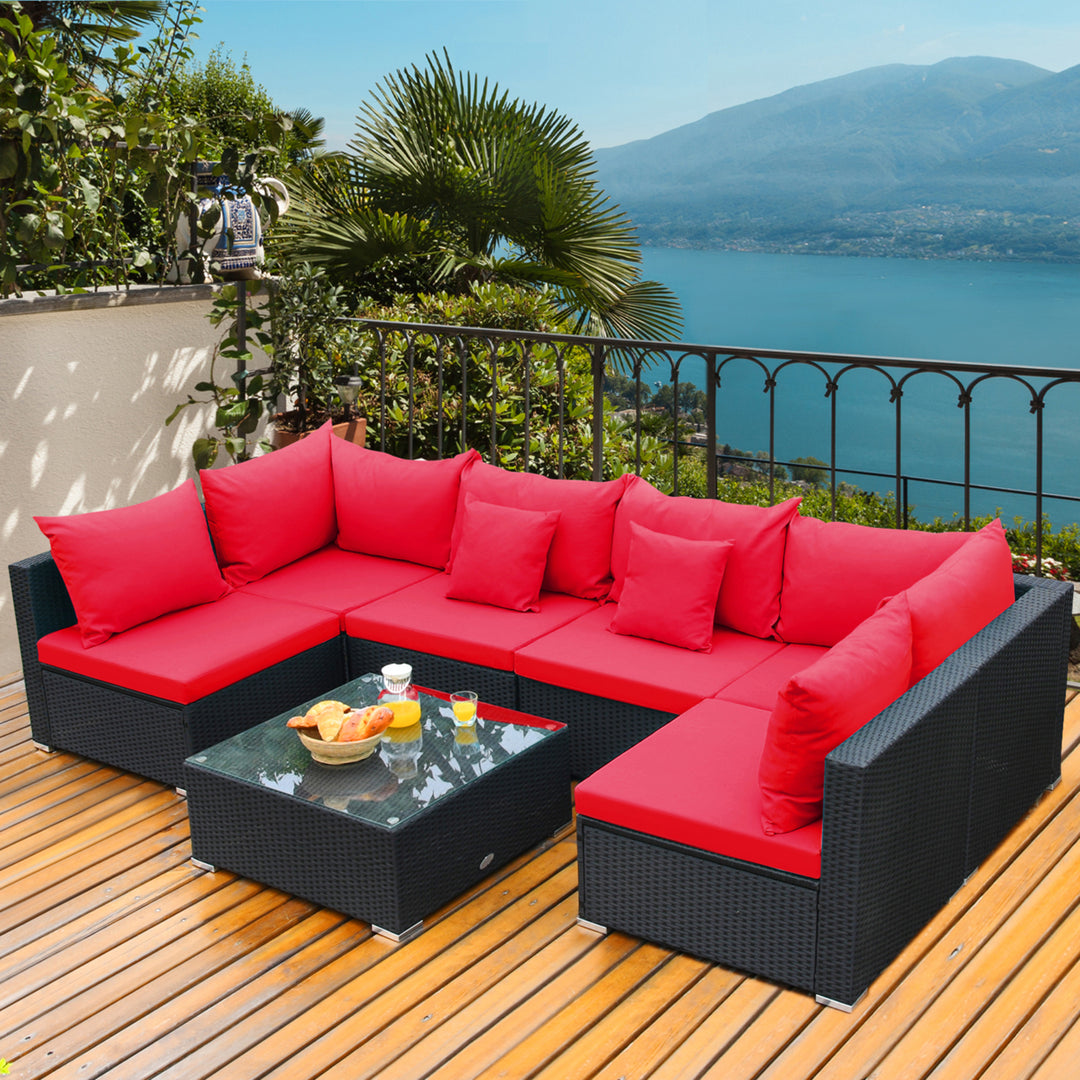 7PCS Rattan Patio Conversation Set Sectional Furniture Set w/ Red Cushion Image 1