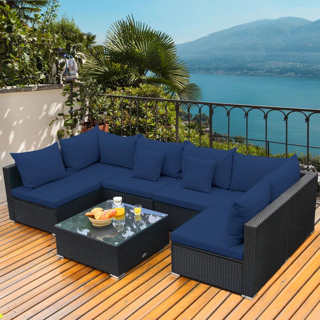 7PCS Rattan Patio Conversation Set Sectional Furniture Set w/ Navy Cushion Image 1