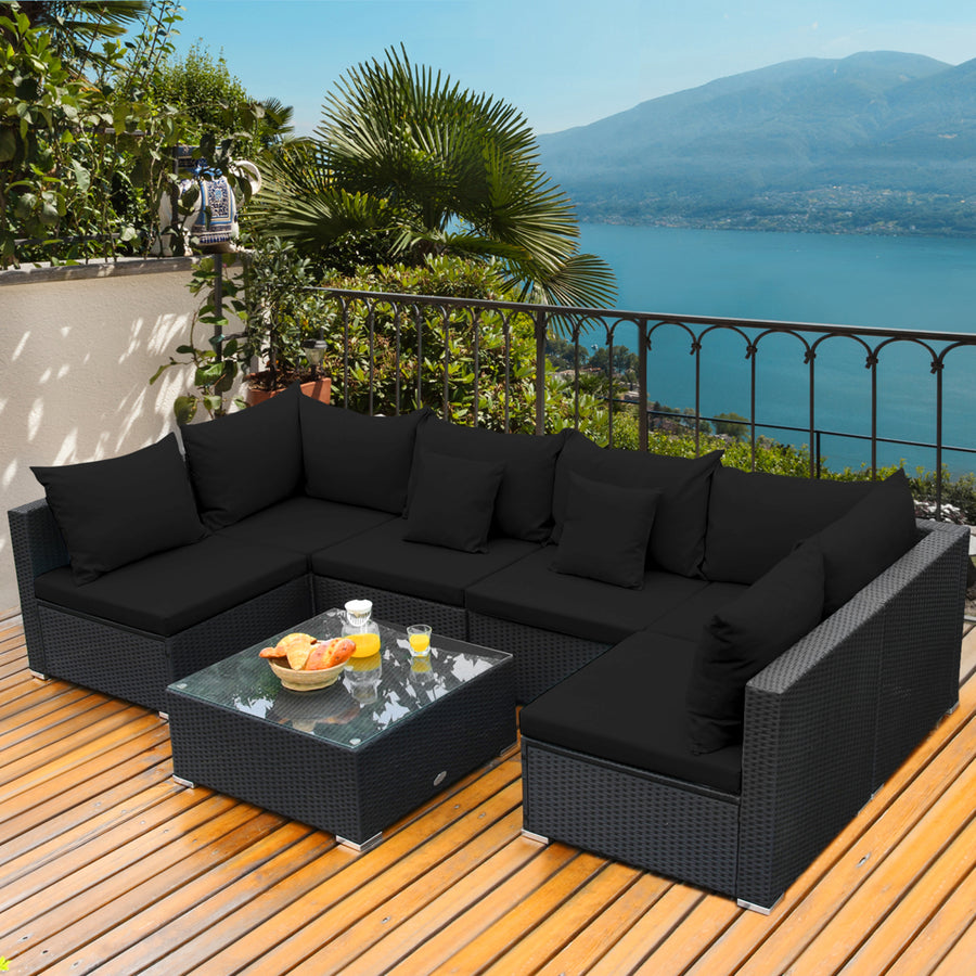 7PCS Rattan Patio Conversation Set Sectional Furniture Set w/ Black Cushion Image 1