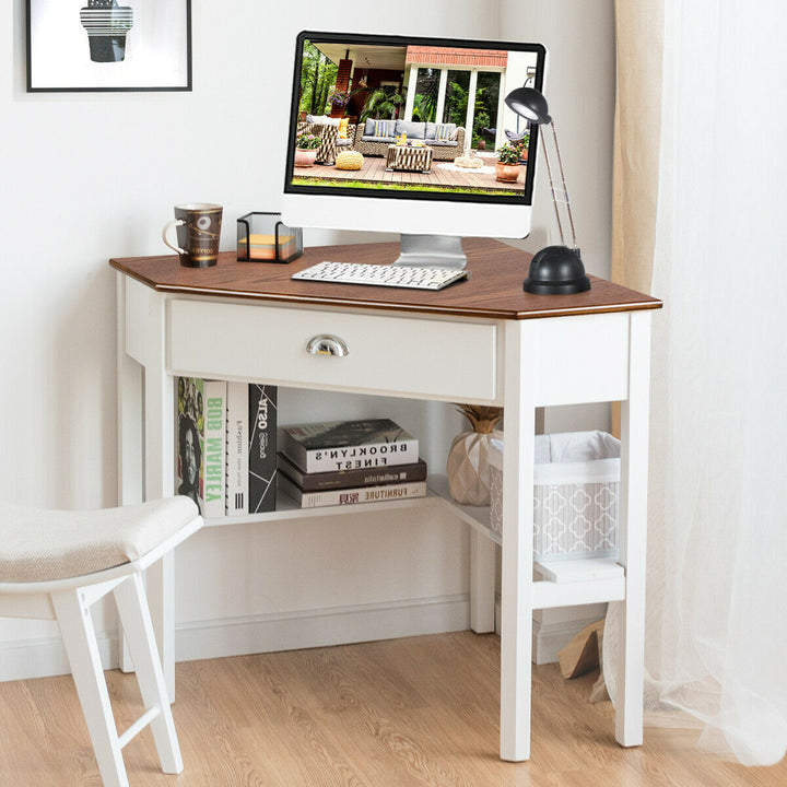 Corner Computer Desk Laptop Writing Table Workstation W/ Drawer and Shelves Brown/White/Gray Image 4