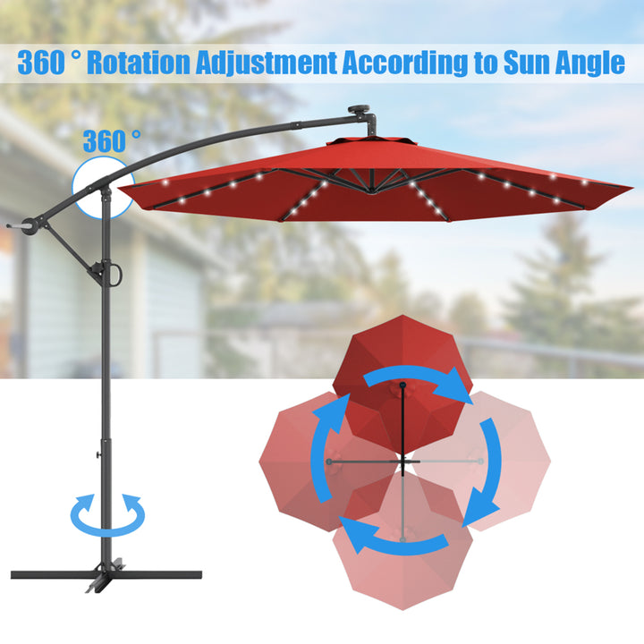 10Ft Offset Hanging Umbrella Patio Outdoor w/ 32 Solar LED Lights Image 2