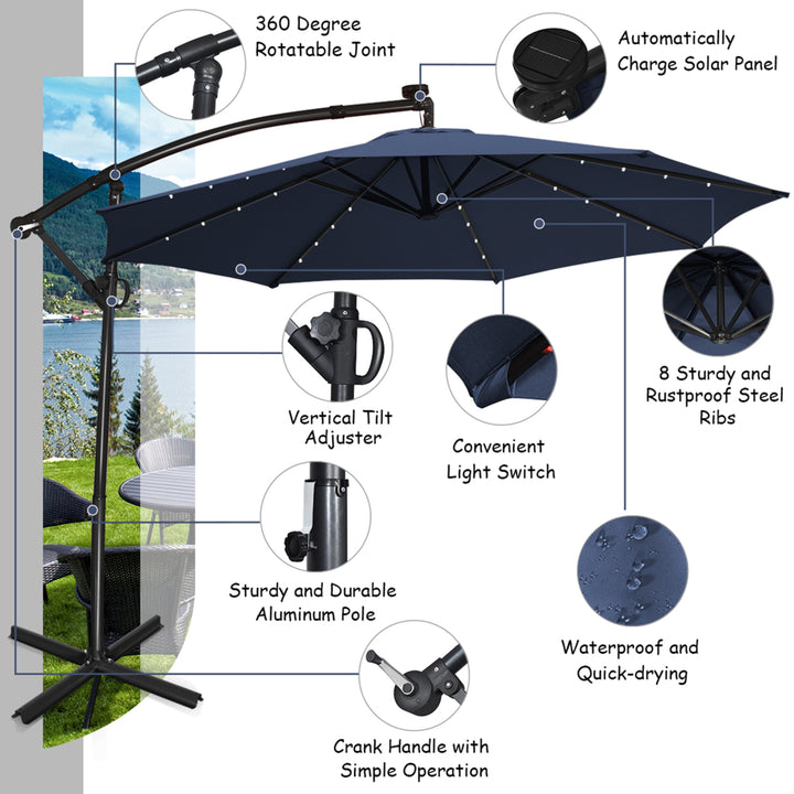 10Ft Offset Hanging Umbrella Patio Outdoor w/ 32 Solar LED Lights Image 4