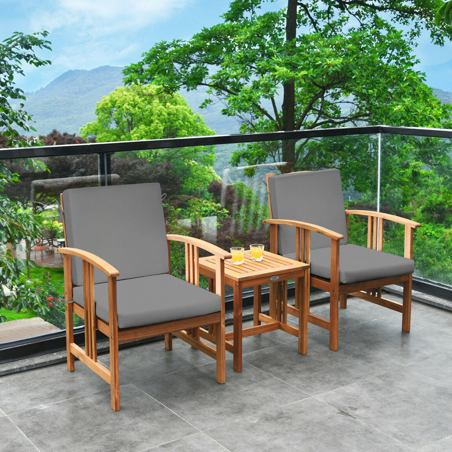 3PCS Outdoor Patio Sofa Furniture Set Solid Wood Cushioned Conversation Set Grey Image 1