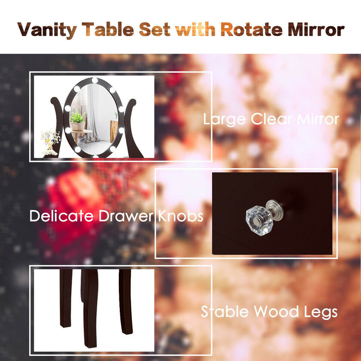 Vanity Table Set w/10 Light Bulbs and Touch Switch Makeup Dressing Table White/Brown/Black Image 3