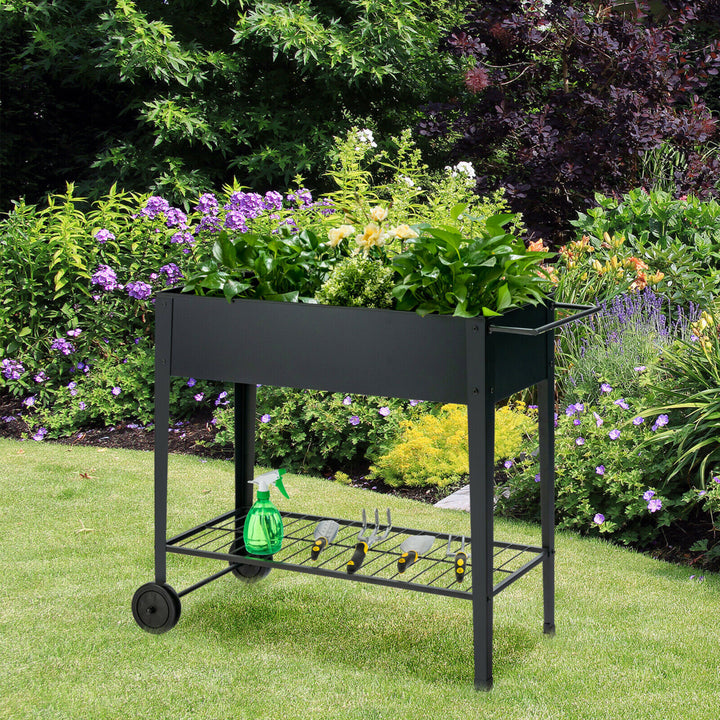 Raised Garden Bed Elevated Planter Box on Wheels Steel Planter w/Shelf Image 4