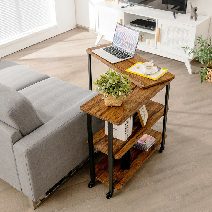 Sofa Side End Table Rotating Bookcase Patented w/ Wheels Brown Image 4