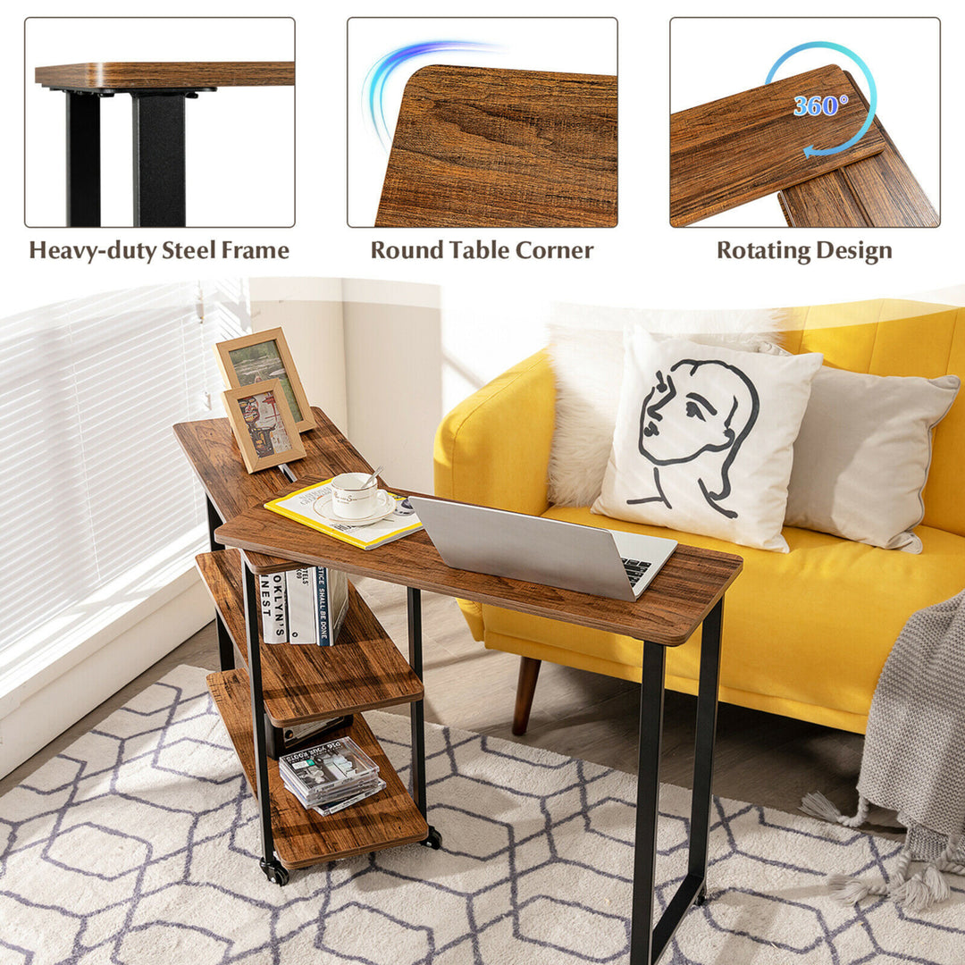 Sofa Side End Table Rotating Bookcase Patented w/ Wheels Brown Image 5