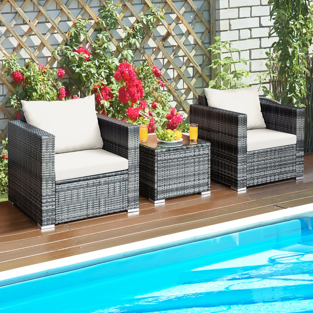 3PCS Rattan Patio Conversation Furniture Set Outdoor Yard w/ White Cushion Image 1